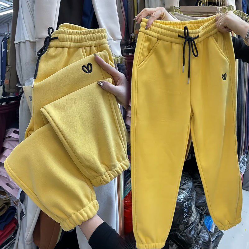 冬季新款奥丽绒加厚休闲裤女束脚百搭九分裤糖果色卫裤加绒运动裤