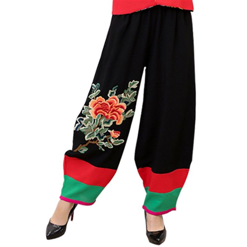 春秋民族风撞色棉麻绣花拼接大码休闲阔腿裤女复古宽松灯笼裤长裤