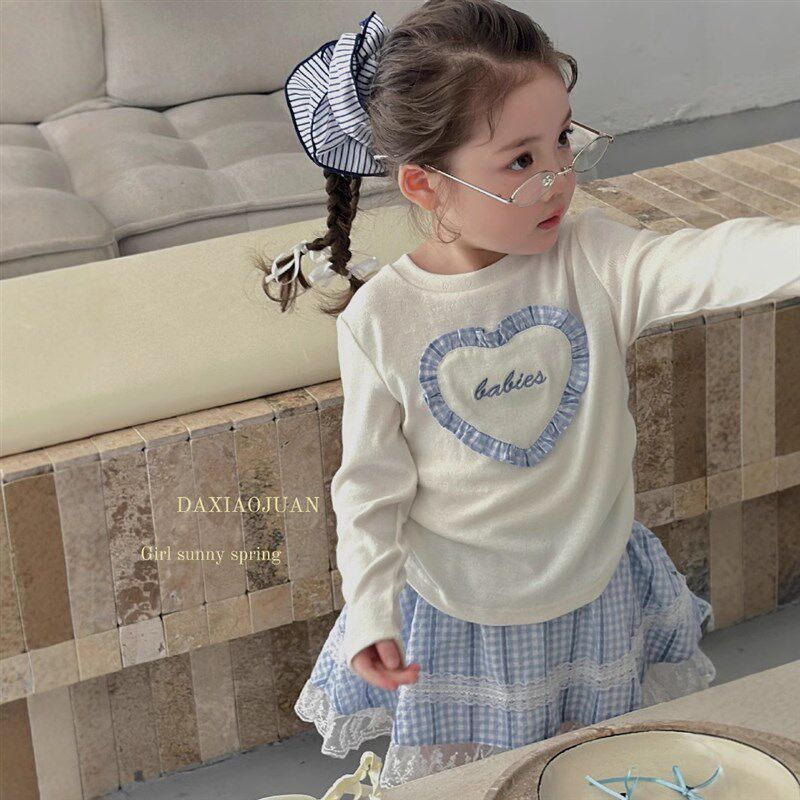 春装大小卷童装女宝花边爱心韩版可爱洋气上衣 女童打底衫长袖T恤