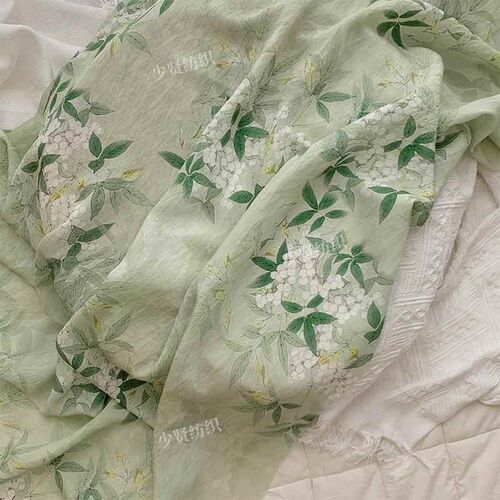 绝美布料苎麻布料小漫春曲纯苎麻面料花卉印花古风设计汉服夏季连