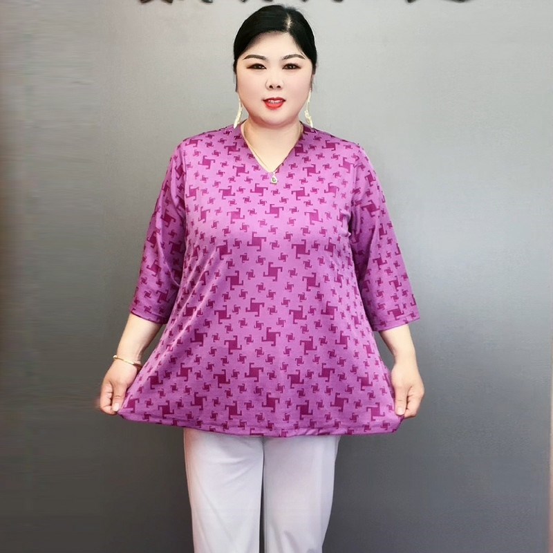 夏季240斤中老年女新款中长中袖时尚遮肚子冰丝弹力大码T恤妈妈装