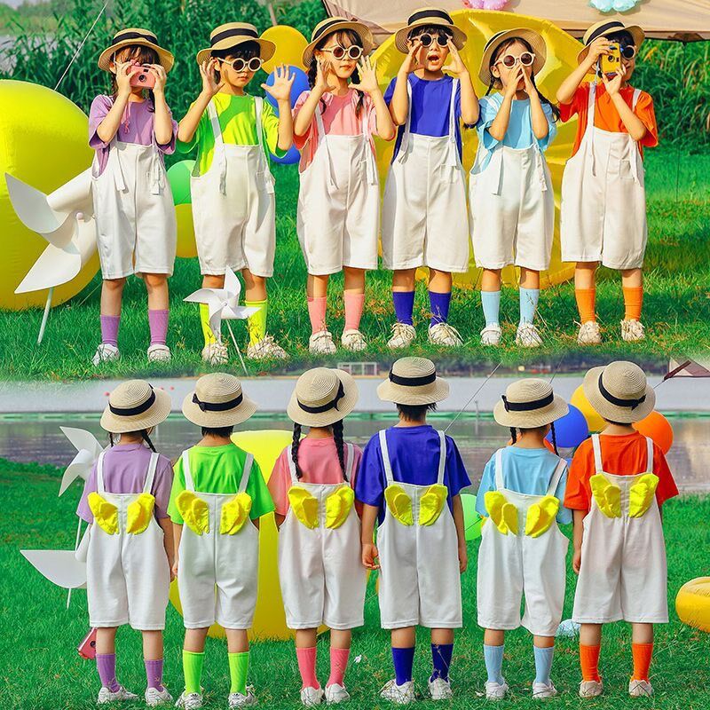 儿童背带裤糖果色短袖套装幼儿园毕业班服小学生男女童舞蹈演出服