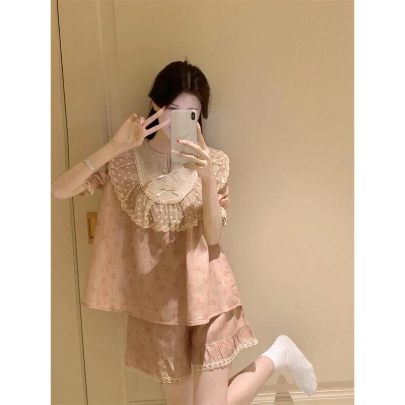 甜美碎花蕾丝花边短袖韩版夏季睡衣新款少女粉色家居服宫廷风套装