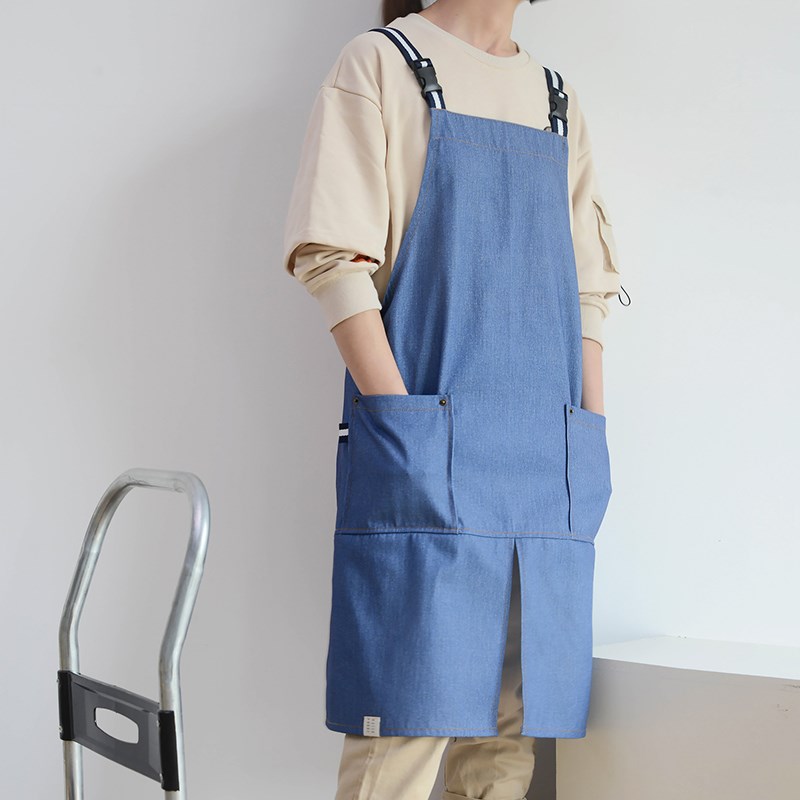 日式全棉牛仔围裙logo订制女烘焙蛋糕奶茶店防水帆布背带工作服男