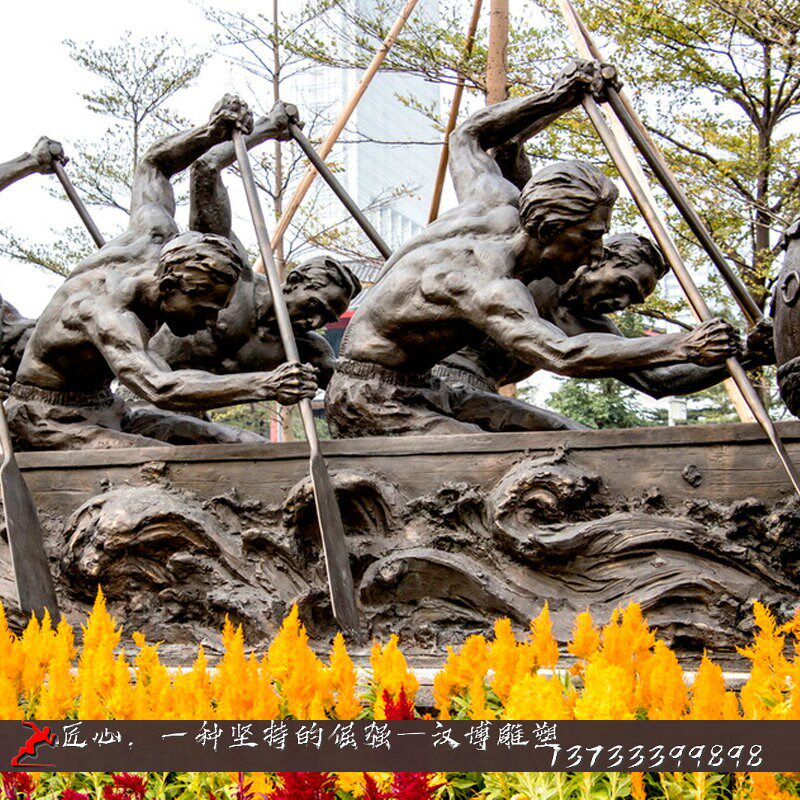 大型划桨竞赛划龙l舟民俗雕塑玻璃钢仿铜赛龙舟人物田园景观雕塑