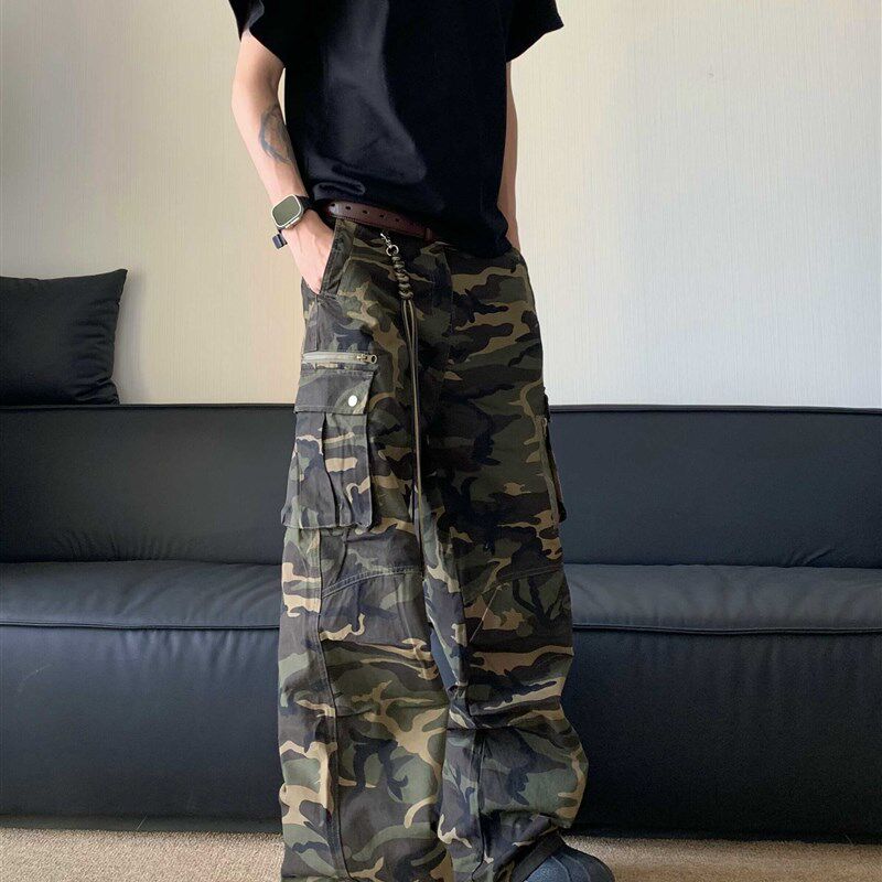 美式街头复古迷彩多口袋工装裤男女百搭潮牌宽松直筒阔腿休闲裤子