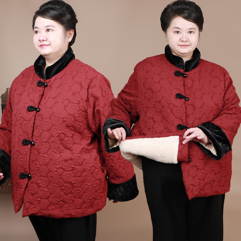 气质胖妈妈棉服压花抗皱2024新款冬装加绒中老年加肥加大码棉袄女