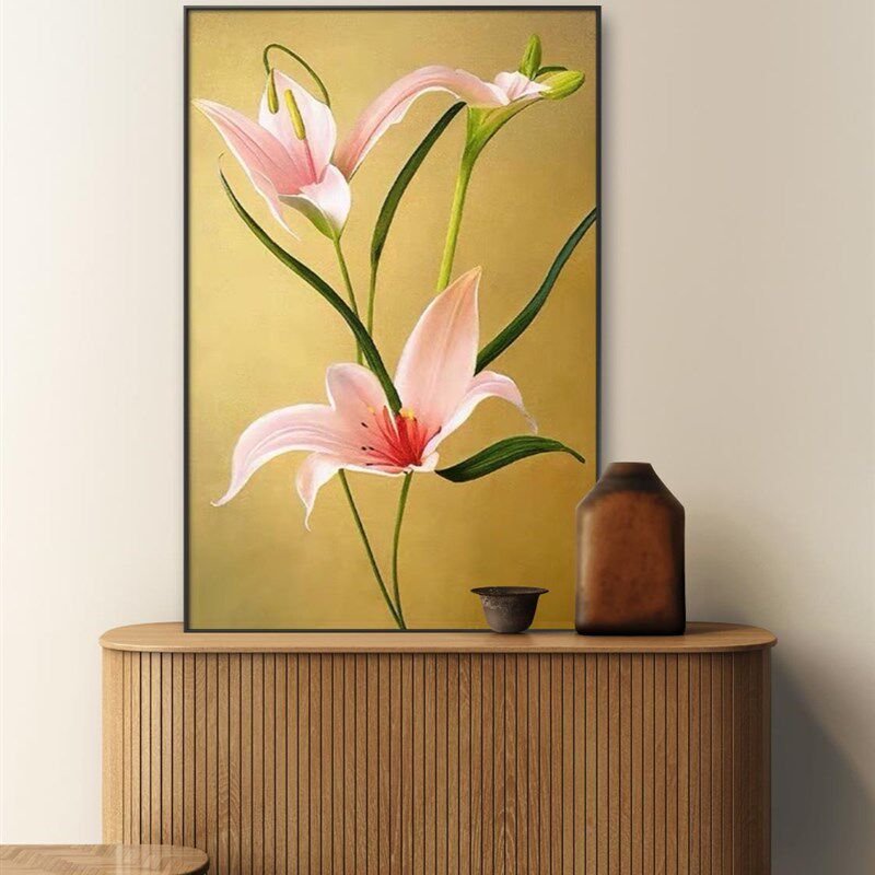 大芬村纯手绘油画中式植物花卉百合花好寓意客厅挂画玄关走廊挂画