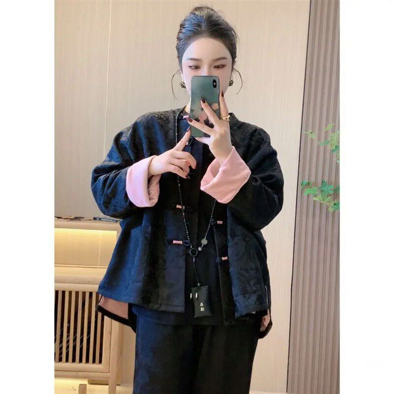 加绒加厚禅意外套 新中式盘扣国风年轻款提花气质百搭棉服上衣女