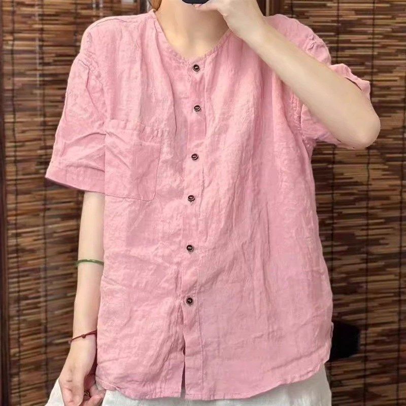 100%亚麻短袖圆领衬衣女装夏季新款复古文艺宽松百搭减龄开衫上衣