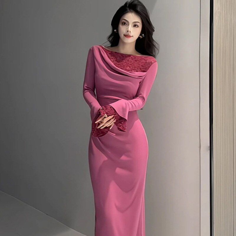 法式时尚长袖连衣裙高级感2024新款气质显瘦减龄过膝长裙子2385