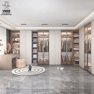 现代简约实木衣柜家用卧室小户型转角衣帽间化妆台一体玻璃门衣橱