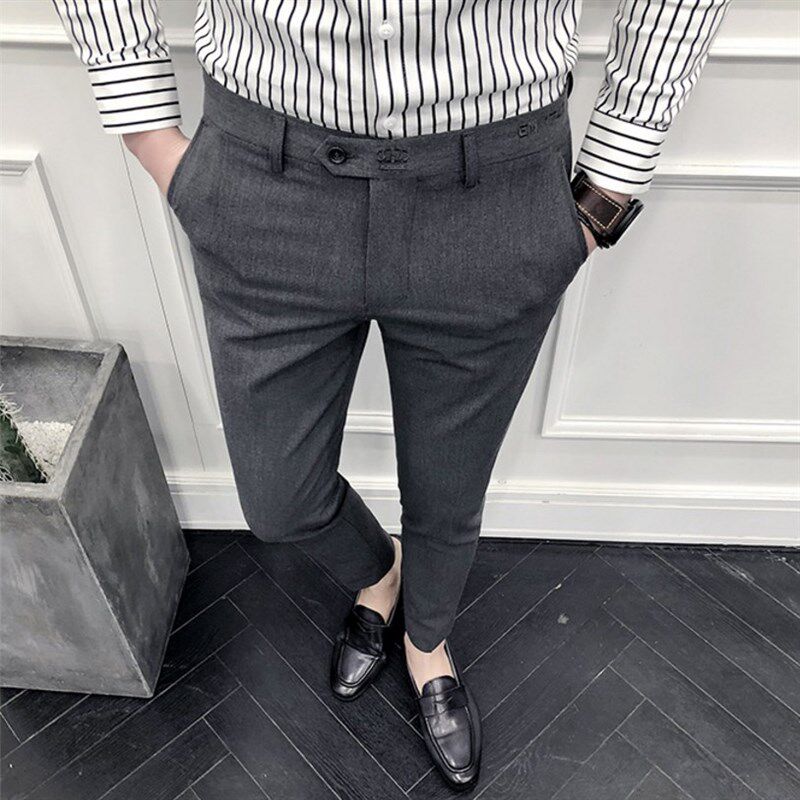 春夏新款休闲西裤男青年修身烟管裤男士英伦刺绣九分裤男潮流韩版