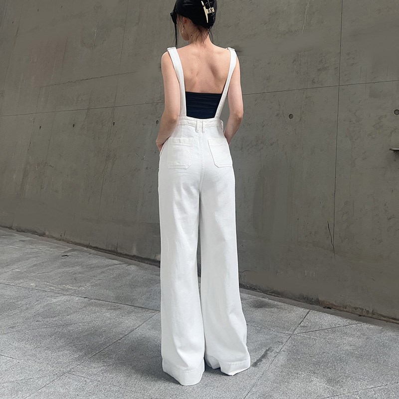 杨杨 白色牛仔背带裤女春秋减龄宽松休闲可调节肩带直筒阔腿长裤