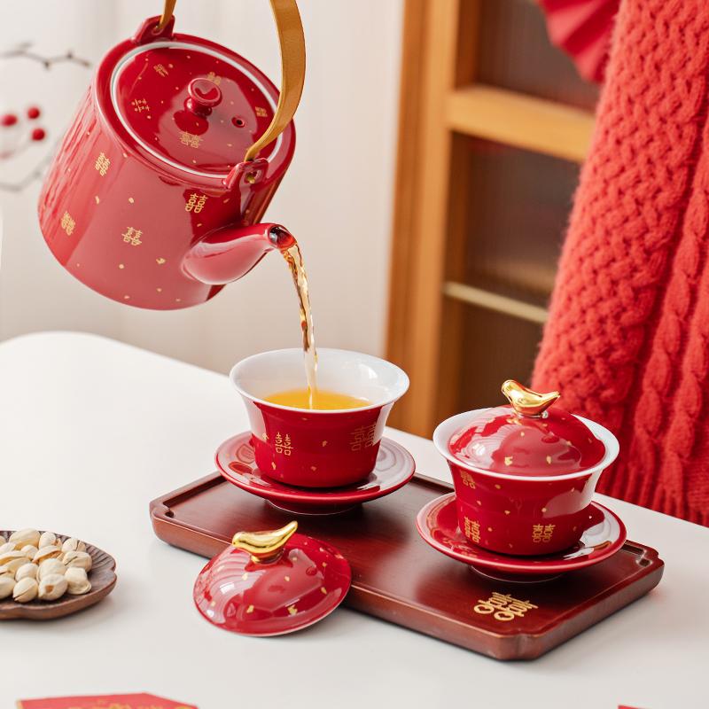 结婚用品大全敬茶杯喜碗喜壶碗筷套装女方陪嫁创意红色陶瓷碗一对
