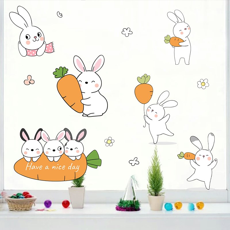 店铺阳台玻璃窗移门装饰贴纸自粘创意可爱卡通兔子UV透明贴画墙贴