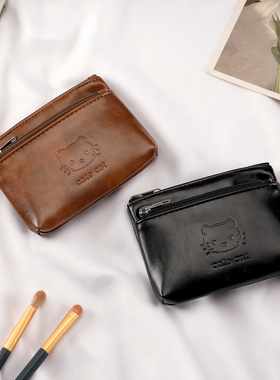 kt猫手工油蜡皮质零钱包女可爱迷你便携耳机钥匙证件小卡包