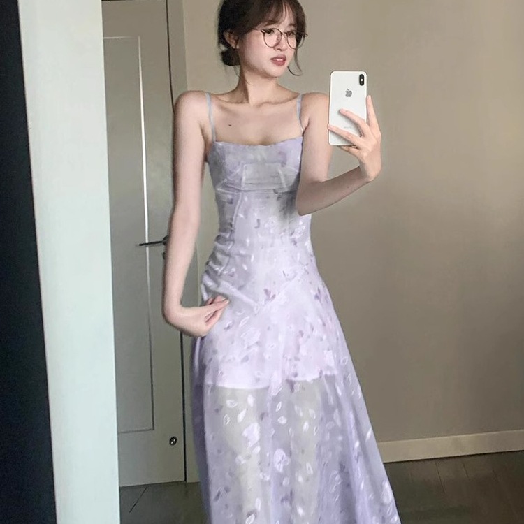 温柔风雪纺碎花吊带连衣裙套装女夏季薄款防晒开衫辣妹收腰长裙子