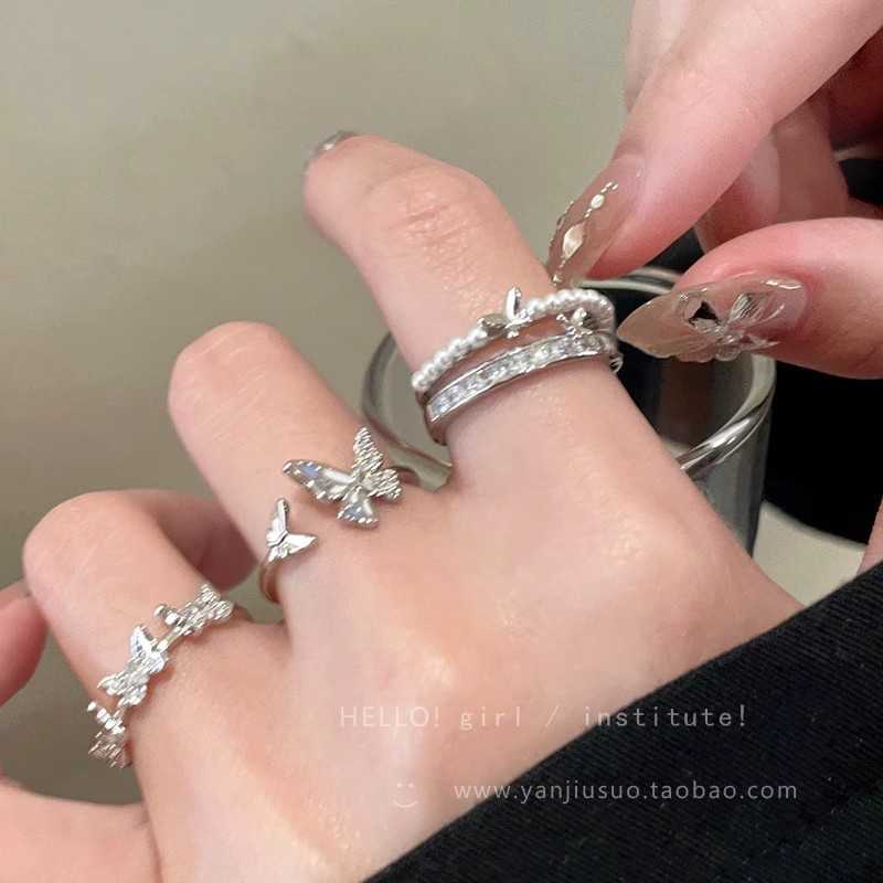 银色滴油蝴蝶开口戒指女小众设计可调节食指戒轻奢高级感手饰