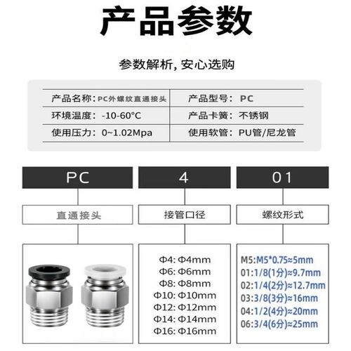气动接头PC6-01外螺纹直通PC4-M5快插PC8-02气管PC10-03/PC12-04