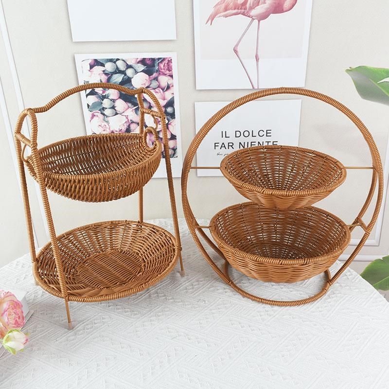 双层置物托架仿藤编织篮家用零食盘糖果点心托盘水果篮创意收纳筐,餐饮具,果盆/果盘/果篮,淘宝优惠券,粉丝福利购,淘宝优惠卷