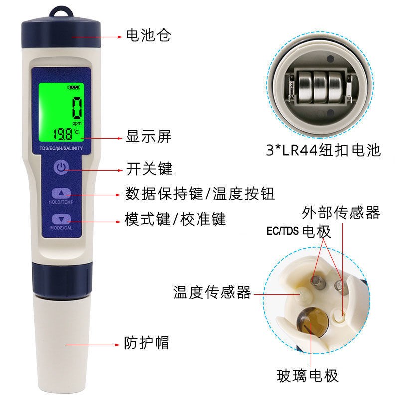 5合1咸度计ph值检测笔防水盐度计海水检测仪水质测试分析仪带背光