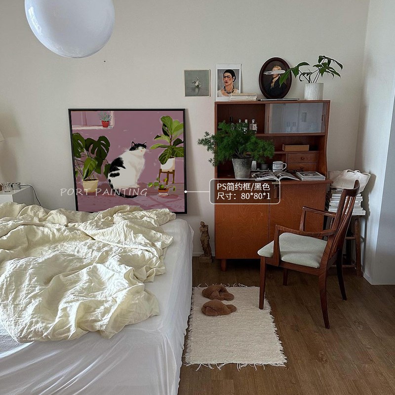 北欧小众插画创意猫狗背景装饰画卧室床头落地摆画餐厅客厅挂画图片
