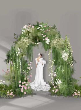 白绿色韩式婚礼拱门花艺设计舞台入口处ps背景素材PSD文件素材