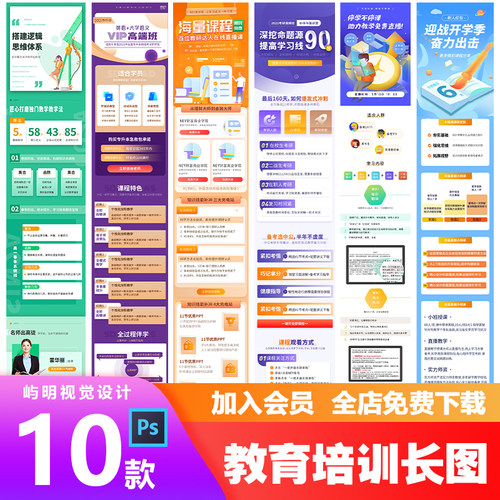 教育金融保险培训机构课程公众号H5招生长图详情海报PSD素材模板