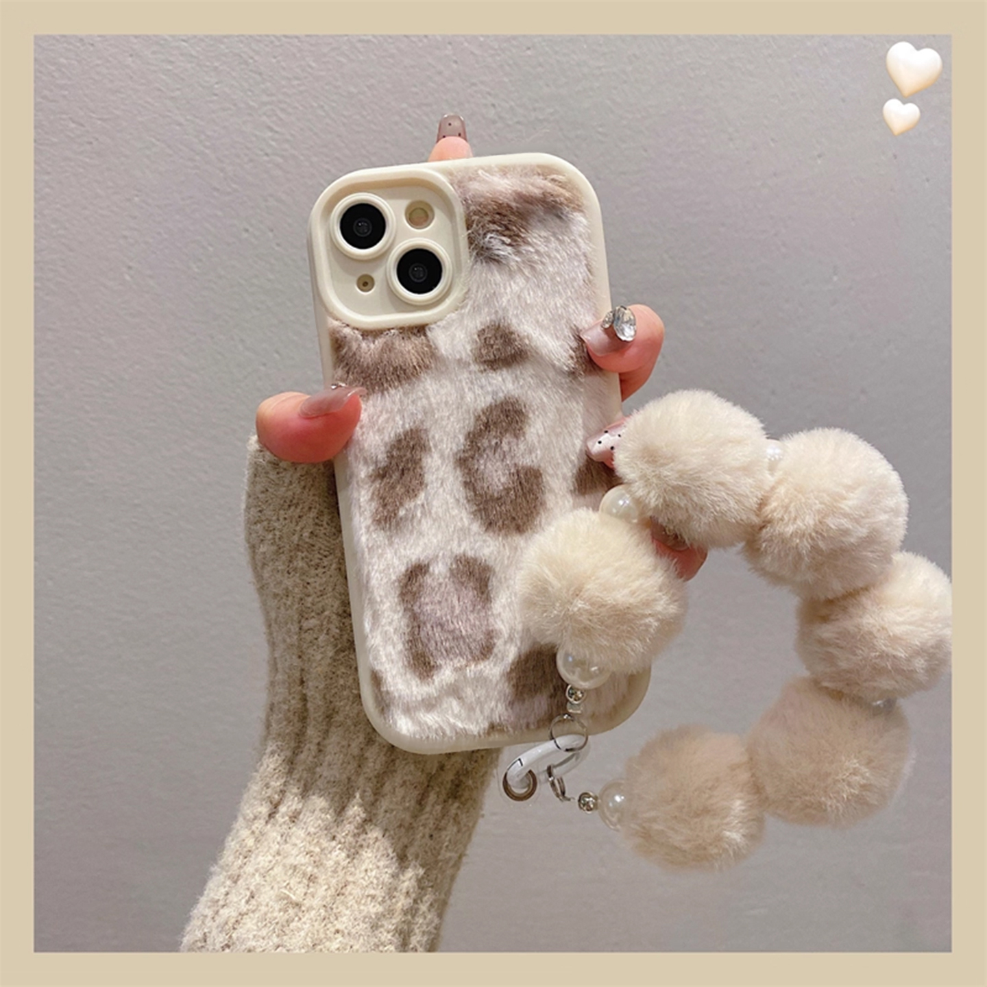 秋冬氛围感毛绒豹纹手机壳挂绳