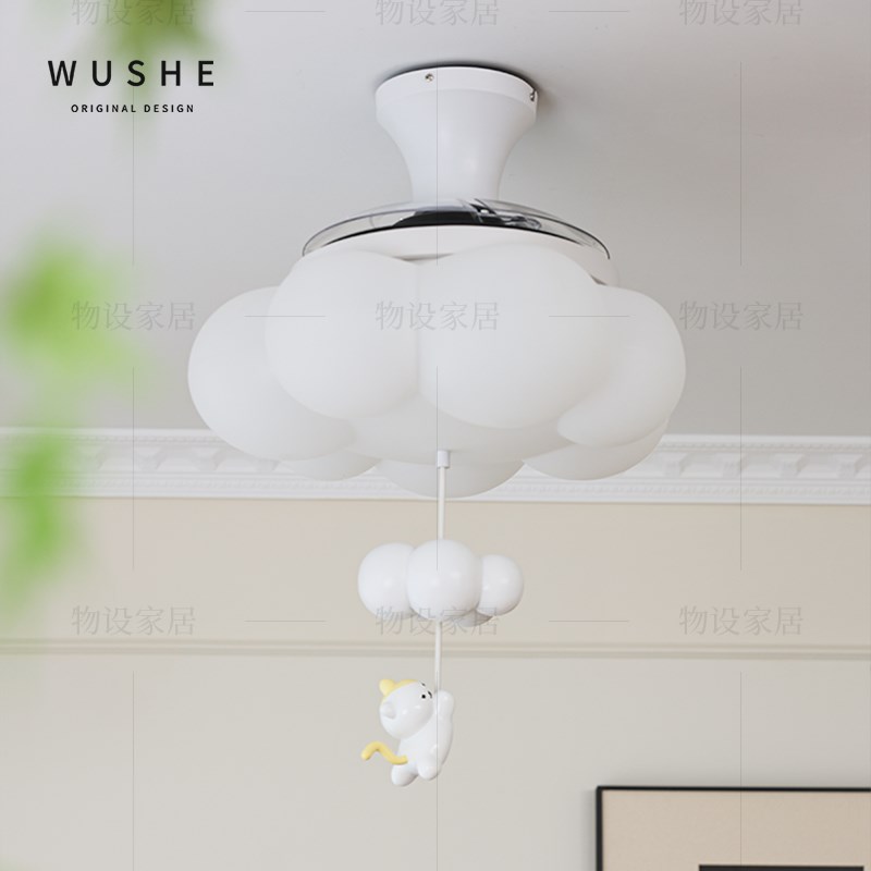 法式中古风云朵隐形吊扇灯奶油风卧室吸顶灯2025新款儿童房间灯