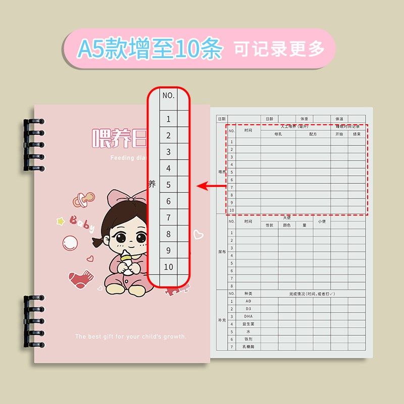 婴儿喂养记录本宝宝奶粉母乳喂养日记新生儿成长记录日记本奶量辅