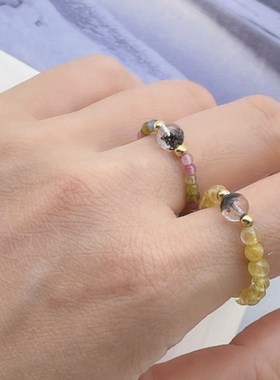 聚宝天然水晶绿幽灵金发晶招财戒指串珠女绿松石碧玺食指指环