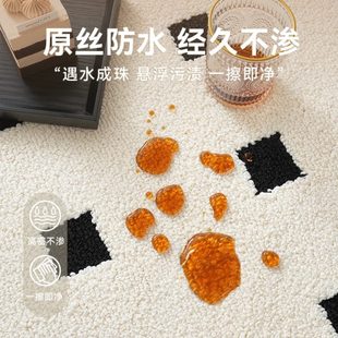 风卧室地垫感免打理轻奢客厅地毯子高级奶油格子 免洗沙发茶几法式