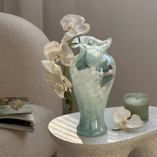 蓝色中古芬顿玻璃花瓶轻奢插花水培造型花器高级感玄关摆件 法式