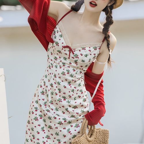 【现货秒发草莓农场法式复古乡村缎面印花吊带连衣裙开衫套装裙子