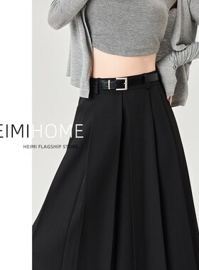 黑色西装半身裙女春夏高腰遮胯a字中长裙小个子气质学院风百褶裙