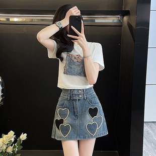 韩系休闲运动套装女夏辣妹短袖t恤A字牛仔短裤裙小个子显瘦两件套