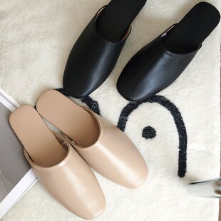 小羊皮居家半拖鞋情侣男r女士包头室内春秋冬真皮防滑牛筋底家居