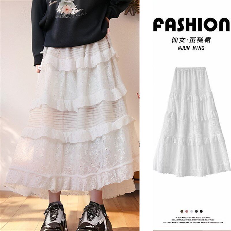 女童秋季蛋糕半身裙2024新款女孩纯棉中长版儿童仙气蕾丝白色裙子