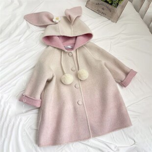 韩国童装2025秋冬新款可爱粉白渐变小白兔连帽呢大衣女童加厚外套