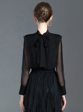 黑色雪纺上衣女长袖t恤女显瘦半高领2021新款春秋装短款洋气小衫