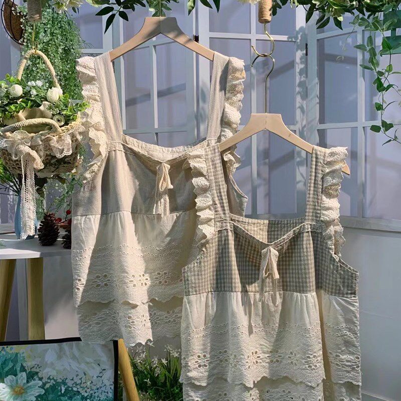森系小个子打底吊带衫荷叶边亚麻格子拼接棉布刺绣镂空宽肩带背心