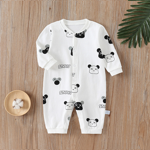 新生宝宝连体衣秋季薄款婴儿纯棉长袖爬服哈衣男孩家居睡衣春秋女