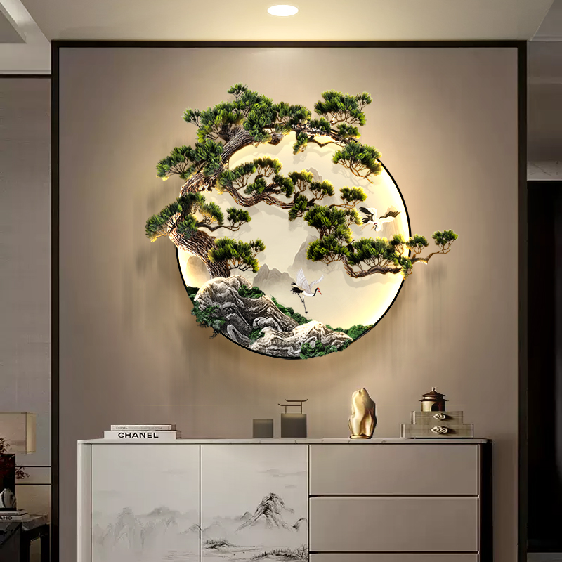 3D玄关迎客松装饰画新中式书房茶室挂画I走廊过道浮雕壁灯画好寓图片