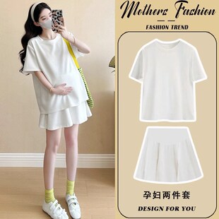 孕妇套装夏季2025新款休闲减龄宽松F遮肚白色短袖t恤裤裙两件套女