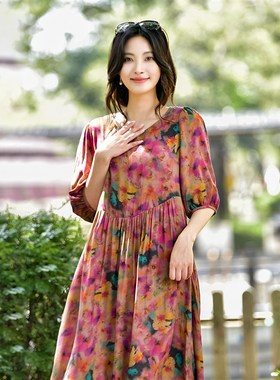 2025夏季新款棉绸连衣裙女中长款宽松大码时尚休闲旅游度假裙子