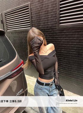 Xinlei Lin 珍妮小猫后背网纱一字肩上衣长袖T恤女春夏新款