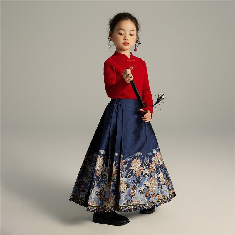 沫沫童装女童半身裙2023新款秋冬款春儿童国风马面裙裙子红色百褶