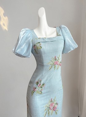 蓝色重工刺绣连衣裙女夏季长裙法式富家千金气质高端礼宴会服裙子